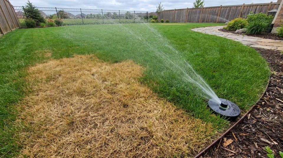 Sprinkler head throwing a low fan of water across a lawn edge