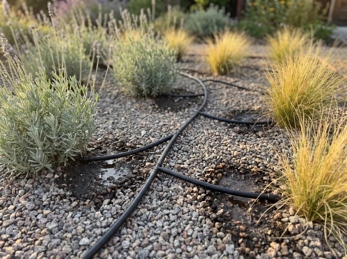 Drip line with emitters wetting the soil at the root zone of lavender and ornamental grasses in gravel mulch