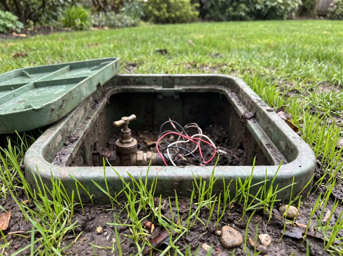 Open in-ground valve box with a brass isolation valve being opened at the start of the season