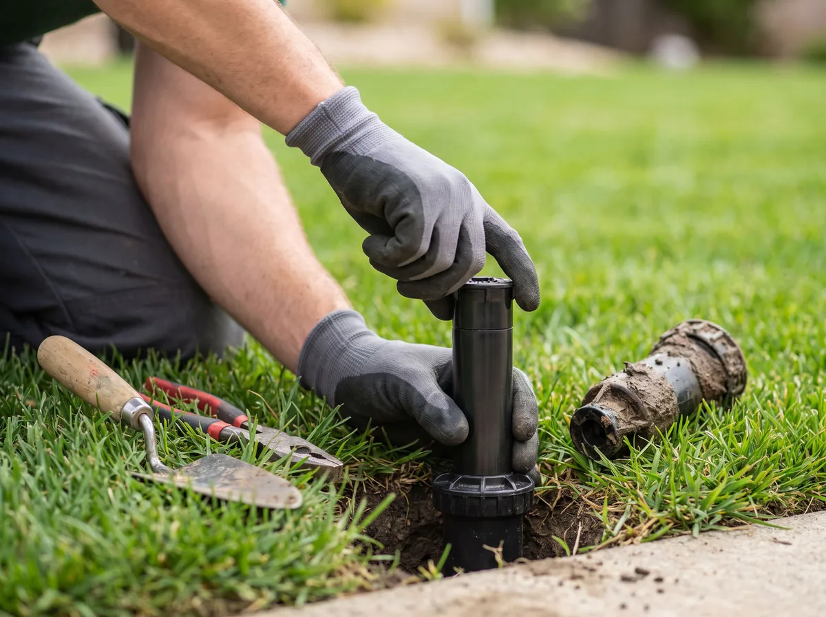 Cutaway view of a pop-up sprinkler head, swing joint and buried lateral pipe below turf level